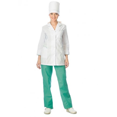 Костюм "ЖАСМИН" женский: куртка, брюки, колпак белый с салатовым